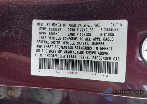 2015 Honda Accord Lx из США, поврежденный, VIN 1HGCR2F35FA165563